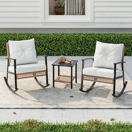SUNCOZE 3 Piece Patio Furniture Set, Outdoor Rocking Chairs Set of 2 with Coffee Table, Patio Bistro Set Patio Rocking Chair Oversize Rattan Conversation Sets for Garden, Balcony, Backyard