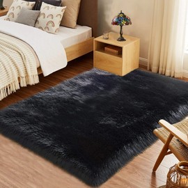 Goolela Shag Rug Faux Fur Rug 4x6 Rug Fuzzy Black Rug for Living Room Washable Area Rug for Bedroom Fluffy Faux Sheepskin Rug Home Decor, Rectangle