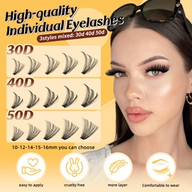 QUEWEL Lash Clusters 304050D Cluster Lashes Mix10-18mm 0.07 D Individual Lashes Soft Volume Eyelash Clusters Natural Look DIY Eyelash Extension at Home(RR-DH-304050D)