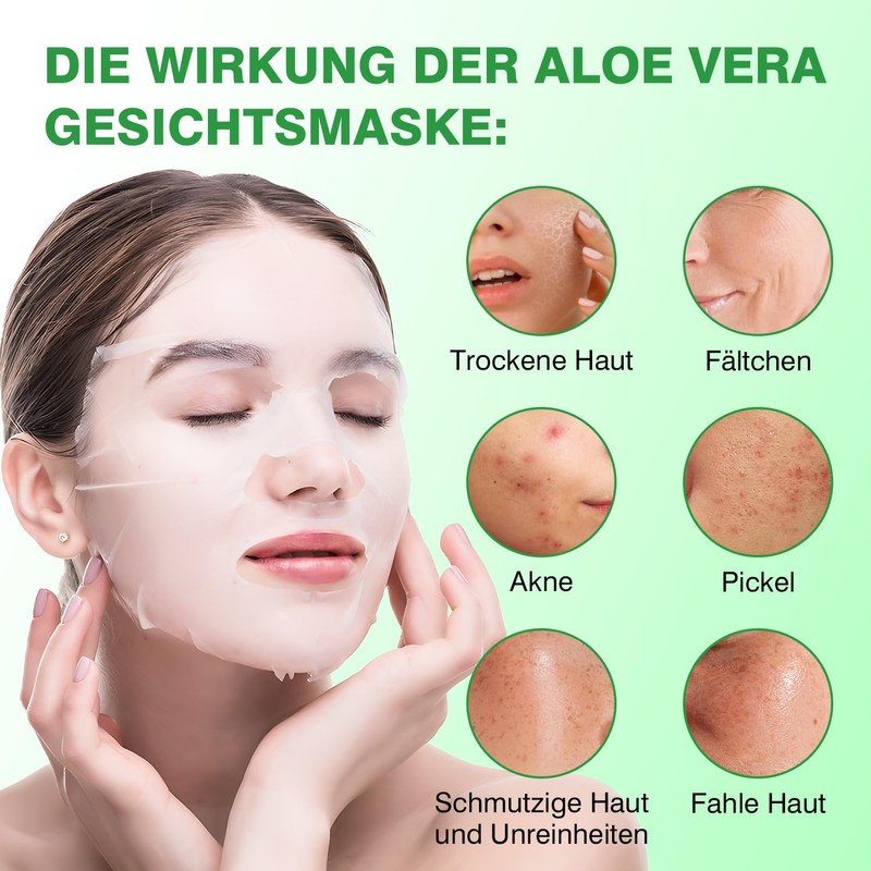 Aloe Vera Gesichtsmaske, Beruhigende & Feuchtigkeitsspendende Tuchmasken, 10 Stück, 25g