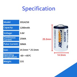 STEPMAX 2 Pack ER14250 1/2AA 3.6V Lithium Battery 1200mAh for Dog Collars, Baby Movement Monitor and More(Non-Rechargeable)
