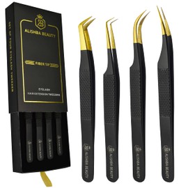 BEAUTICS Alishba Beauty Eyelash Extension Tweezers, Precision Fiber Tip Grip Japanese Stainless Steel Profiessional (Set of 4 Eyelash Tweezer) (BLACK GOLD)