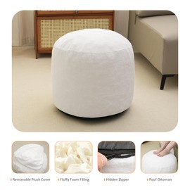 Yueyocici Round Stuffed Pouf Ottoman, Long Faux Fur Poufs with Foam Chunk Filling, Fluffy and Furry Pouf Foot Stool Storage Ottoman (Beige, 20inch)