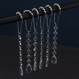 MovFlax Shower Curtain Hooks, Decorative Shower Curtain Clips with Hanging Clear Acrylic Water Drops for Bathroom Shower Rod, Rust Proof 304 Stainless Steel Shower Curtain Rings Set of 12