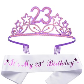 23rd Birthday Sash and Tiara for Women - Fabulous Set: Glitter Sash + Stars Rhinestone Purple Premium Metal Tiara for Women, 23rd Birthday Gifts for 23rd Birthday Party