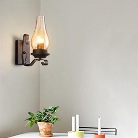 TIGKHAE Rustic Wall Sconces Sets of 2, Black Hardwired Farmhouse Wall Sconce Indoor, Retro Wall Lamps with Amber Glass, Vintage Bedside Sconces Wall Lighting Lantern for Living Room Bathroom