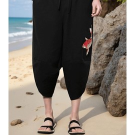 INVACHI Men's Harem Capri Pants Elastic Waist Loose Fit Drawstring Beach Yoga Trousers with Pockets A-Black