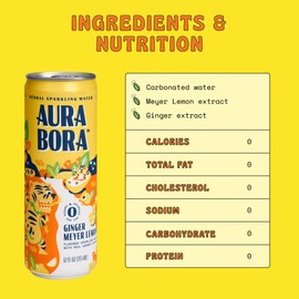 Aura Bora, Ginger Meyer Lemon Herbal Sparkling Water, 12 oz Can (Pack of 12), 0 Calories, 0 Sugar, 0 Sodium, Non-GMO