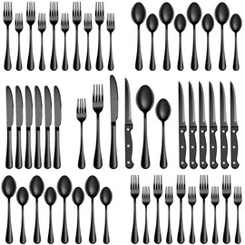 24 Pcs Black Silverware Set with Steak Knives, Stainless Steel Flatware Cutlery Set Service for 4, Kitchen Tableware Set, Utensil Set for Home and Restaurant, Knives Forks Spoon Set, Dishwasher Safe