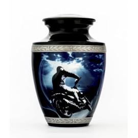 Motorcycle Urn for Human Ashes Adult Male, Harley Davidson Polished Metal Funeral Cremation Vessel, 200 Cubic in. Memorial Silver Ring and Black Body Ewer, Velvet Bag and Anti Scratch Felt Bottom.