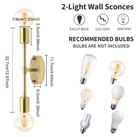 Brushed Gold Wall Sconces, Dual Socket E27 Lampholder Vanity Wall Lights Wall Lighting Fixtures for Bathroom,Living Room,Bedside, Set of 2(No Bulbs)