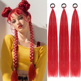 PORSMEER 3 Pack 24 Inch Hair Tinsel Colored Braided Ponytail Extension Gradient Hair Extensions with Elastic Tie Straight Sleek Wrap Around Hair for Braids (Red)