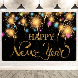 New Year's Eve Decoration Banner, 2025 Happy New Year Banner, Extra Large New Year Background Banner for Indoor Outdoor Use, Black Gold New Year's Eve Decoration with String, New Year's Eve Party