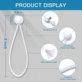 Ball Bungee Cords 6 Inch,50 PCS White Tarp Ball Bungee Ties Heavy Duty Canopy Tie Downs for Camping, Shelter,Cargo,Projector Screen,Tent Poles with UV Resistant