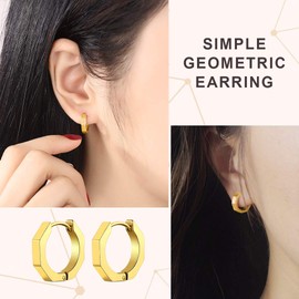18K Gold Beads Hoop Earrings for Men Women Jewelry Gift Geometric Octagon Huggy Hoop Earrings