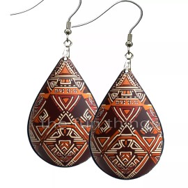 the fun things African Tribal Pattern Earrings Teardrop NO TARNISHING Wood Dangle Handcrafted