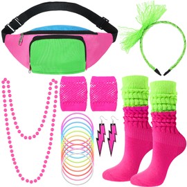 Handepo 19 Pcs 80s Costume Accessories Set Neon Retro 80s Fanny Pack Hairband Fishnet Gloves Bracelet Earrings Necklace Socks(Vibrant Color)