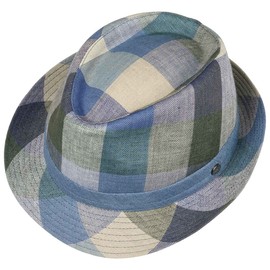 LIERYS Payato Checks Trilby Linen Hat Women / Men - Made in Italy - Fedora Made of 100% Linen - Fabric Hat with Light Lining - Linen Triilby with Garnish Band - Spring/Summer, blue