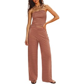 UNCOOYEE Two Piece Sets For Women Summer Outfits Lounge Sets Striped Tube Top And Pants Matching Sets Beach Vacation Travel, Burnt Henna, Small