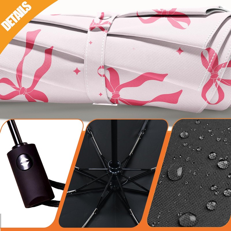 WSZYNDF Pink Bow Pattern Umbrella, Small Travel Compact Automatic Folding