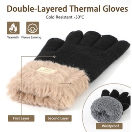 TAGVO Women's Winter Gloves with Fleece Lining, Women's Thermal Elastic Knitted Gloves Touchscreen Gloves, Windproof Cashmere Wool Gloves for Skiing, Cycling, Running, Hiking, black