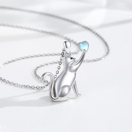 Twoowl Cat Necklace for Women 925 Sterling Silver Heart Moonstone Necklace Cat Moonstone Heart Love Jewellery Christmas Gifts for Women Girls