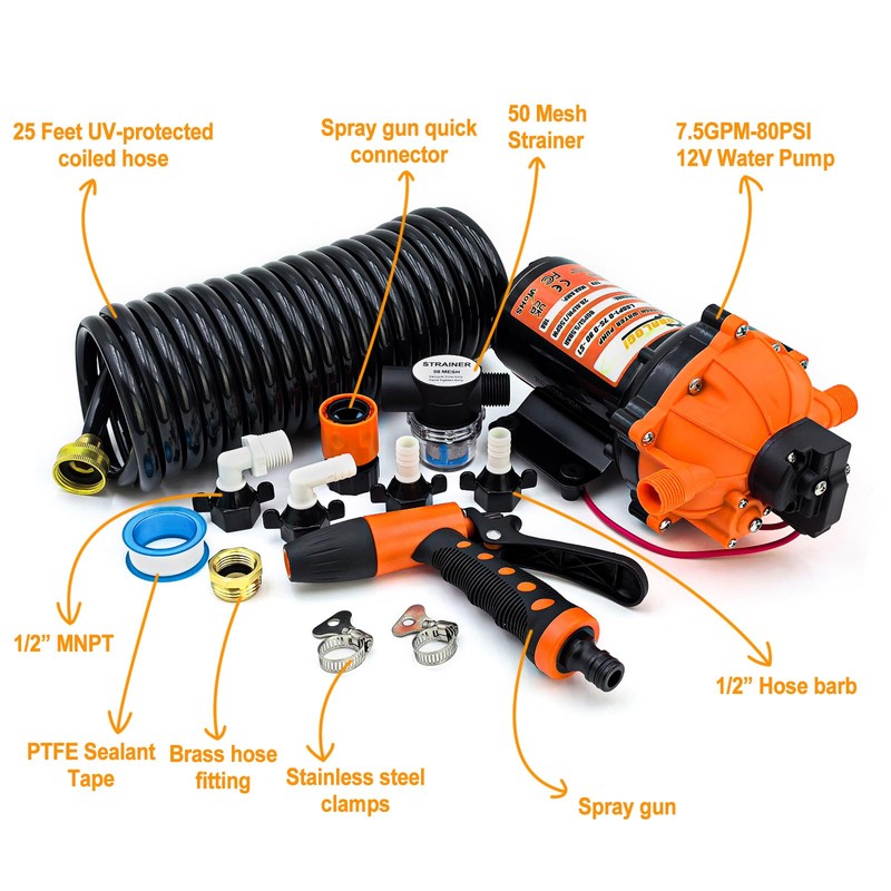 80PSI 7.5 GPM Washdown Pump Kit - 12V Marine Self-Priming