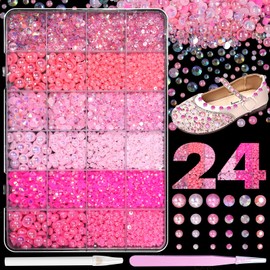 Pink Color Nail Pearl and Resin Rhinestones for Crafting, Resin Jelly Rhinestones, Mixed Size 3/4/6/8 mm Half Round Pearls Nail Charms Bedazzling Gems Nails Art with Tweezer and Pickup Pencil