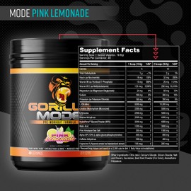 Gorilla Mode Pre Workout - Massive Pumps Laser Focus Energy Power - L-Citrulline, Creatine, L-Tyrosine, Betaine, Hydroprime, Alpha-GPC, 400mg Caffeine, Huperzine A - 784g (Pink Lemonade)
