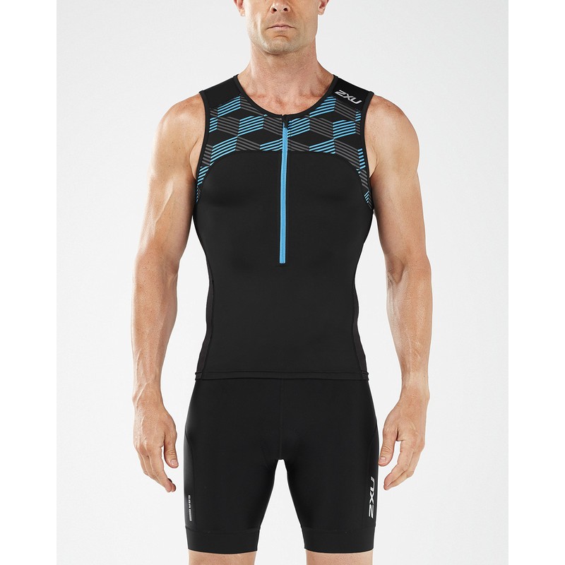 2XU Men's Active Triathlon Singlet, Black/Retro Dresden Blue, Small