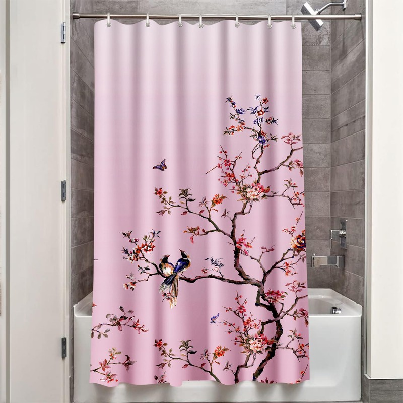 LIVETTY Pink Bird Floral Shower Curtain 90cm × 180cm Mould