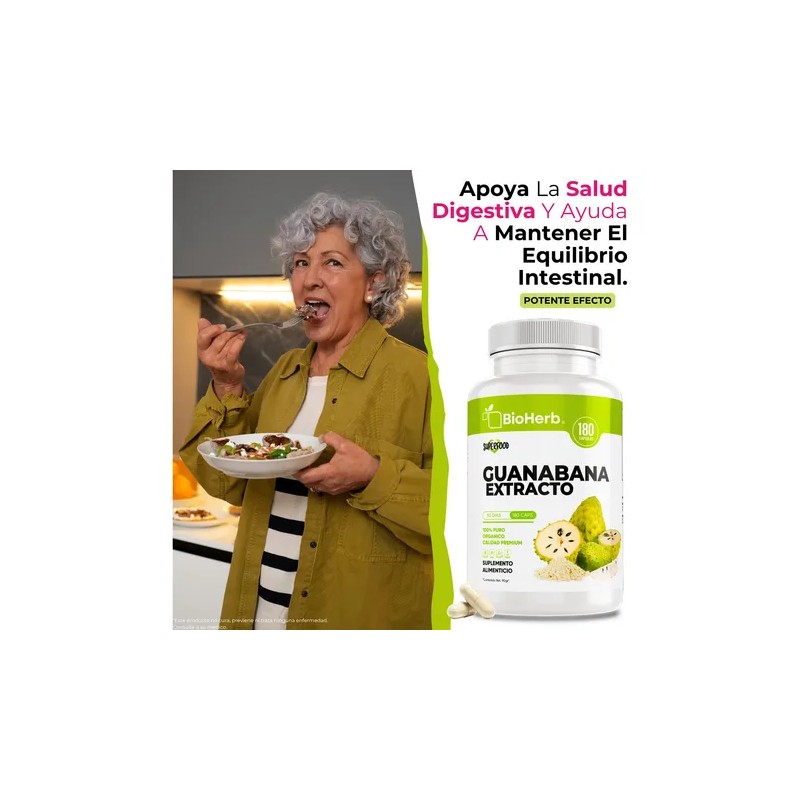 Guanábana Extracto 100% Puro Bioherb 180 Capsulas De 500mg
