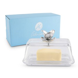 Arthur Court Glass Butter Dish with Lid Magnolia Flower Knob | Classic 2-Piece Design Covered Butter Keeper | Covers and Holds a Standard Stick of Butter | Spring Southern Décor