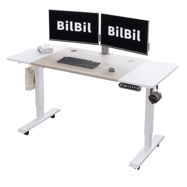 bilbil 55 x 24 Inches Height Adjustable Electric Standing Desk, Smart Home Office Sit Stand Table with Splice Board, Casters with Brake, White Frame/White and Oak Top