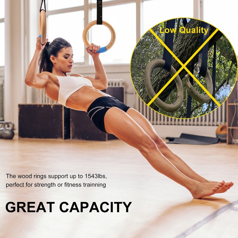 YOELVN Wood Gymnastic Rings Straps 15ft Adjustable with Number Support