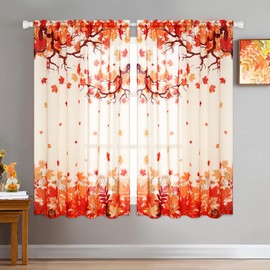 FRAMICS Thanksgiving Fall Sheer Curtains for Living Room, Falling Maple Leaves Curtain 2 Panels Semi Sheer Voile Window Curtains, Rod Pocket Window Drapes for Bedroom Thanksgiving 52" × 63"