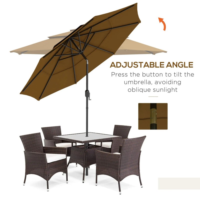 3 Tiers Tan 9FT Outdoor Patio Umbrella with Crank Push
