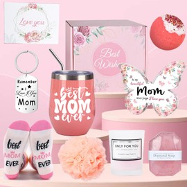EASHOPBAL Mothers Day Gifts, Mom Birthday Gifts for Mothers, Spa Gift Basket Set Wine Tumbler Stainless Steel Straw Scented Candle Bath Bomb Soap