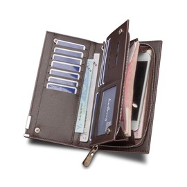 YUEcthynous Men's Long Leather Wallet - Large Wallet with Many Compartments Design, Lightweight 200 g Genuine Leather RFID Blocking Wallet for Men, Brown, Dark coffee, S