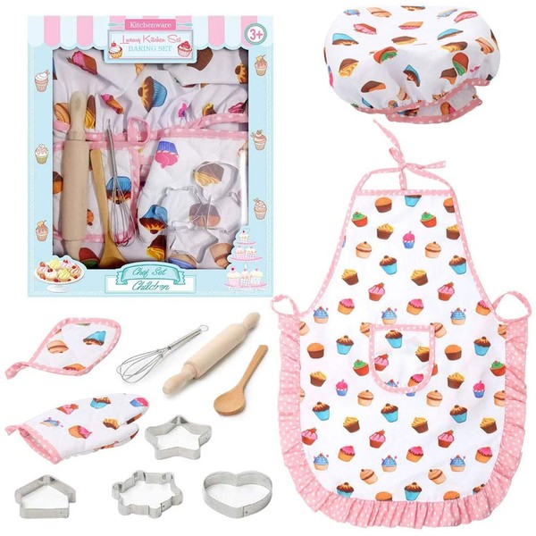 Kids Chef Role Play Costume Set, 11PCS Toddler Cooking and Baking Set with Apron, for Dress Up Chef Costume Career Role Play