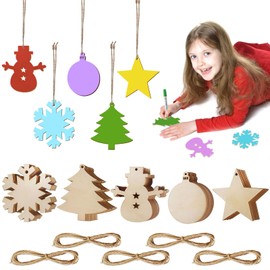 Pack of 50 Christmas Tree Pendants DIY Christmas Decoration Wooden Discs Wooden Stars Wooden Snowflake and Snowman Round Wooden Discs Wooden Christmas Tree Christmas Decoration for Painting and