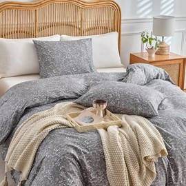 MKXI Wildflowers Print Duvet Covers Twin Size College Dorm Bedding 100% Cotton Reversible Floral Duvet Cover Set with Zipper, Soft & Breathable Grey Garden Floral Bedding Set