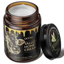 QOOQ 100% Tallow de ternera alimentada con pasto para la piel con miel cruda y aceite de rosa de playa, hidratante orgánico batido para pieles sensibles y eccemas, loción natural para rostro/cuerpo