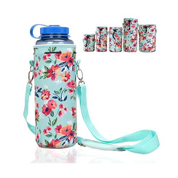 Made Easy Kit Neoprene Water Bottle Carrier Holder with Adjustable Shoulder Strap for Insulating & Carrying Water Container Canteen Flask Available in 5 Sizes (Teal Floral, L (32oz / 1.5L))