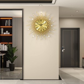 JTWALCLOCK Large Wall Clock for Living Room Decor Big Modern Golden Crystal Silent Wall Clock Battery Operated Non-Ticking Metal Unique Decorative Wall Clocks for Bedroom Kitchen Office Indoor 24 Inch