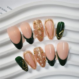 Dark Green Medium Press on Nails Almond Fake Nails with Design 3D Drip Gel Gold Glitter Glue French Tip False Nails Full Cover Acrylic Nails Artificial Press Ons Nails Stick on Nail for Women 24 Pcs
