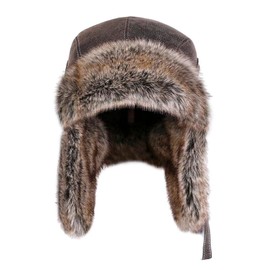 TINAYAUE PU Leather Winter Pilot Cap for Men Women Faux Fur Russian Ushanka Trapper Hat with Earflaps Thickened Warm Hat Outdoor Windproof Skiing Cycling Hat for Cold Weather Beanie Hat Brown