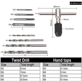 TOPINCN Threading Tapping Tool Kit 9Pcs/Set Screw Taps & T-Handle Tap Wrench & 2.5~5.2Mm Twist Drill Bits Hand Tool Set M3/M4/M5/M6