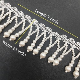 Kuasting 3 Yards Pearl Bead Tassel Lace Ribbon Applique Pearl Fringe Tassle Beaded Lace Ribbon Sewing Clothing Edge Curtain for Sewing, Wedding, Bridal Dress, Sash, Belt, Headwear, Curtain (White)