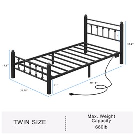 HuaYing Twin Bed Frame with Smart LED Lights, Storage Headboard and USB Charging Station,Heavy Duty Wooden Slats, No Box Spring Needed, Noise Free, Easy Assembly (Retro Black, Twin)